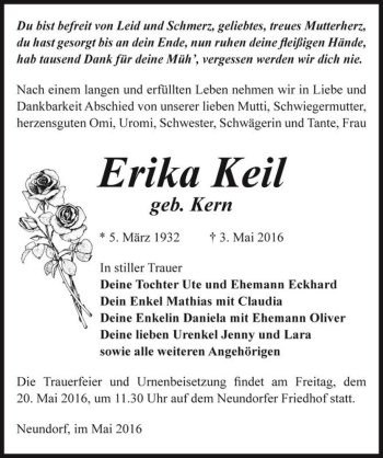 Traueranzeige von Erika Keil (geb. Kern)  von Magdeburger Volksstimme
