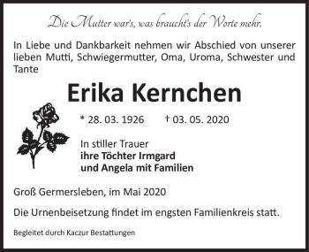 Traueranzeige von Erika Kernchen  von Magdeburger Volksstimme