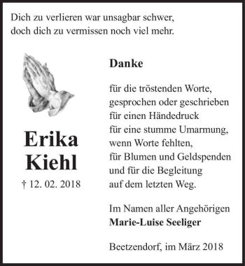 Traueranzeige von Erika Kiehl  von Magdeburger Volksstimme