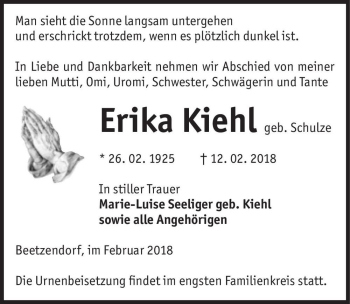 Traueranzeige von Erika Kiehl  (geb. Schulze)  von Magdeburger Volksstimme