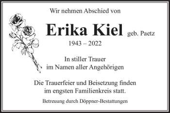 Traueranzeige von Erika Kiel (geb. Paetz)  von Magdeburger Volksstimme
