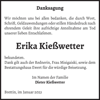 Traueranzeige von Erika Kießwetter  von Magdeburger Volksstimme