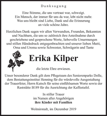 Traueranzeige von Erika Kilper  von Magdeburger Volksstimme
