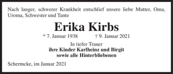 Traueranzeige von Erika Kirbs  von Magdeburger Volksstimme