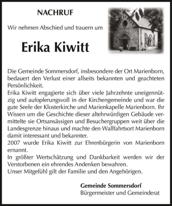 Traueranzeige von Erika Kiwitt  von Magdeburger Volksstimme