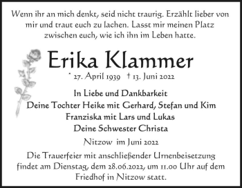 Traueranzeige von Erika Klammer  von Magdeburger Volksstimme