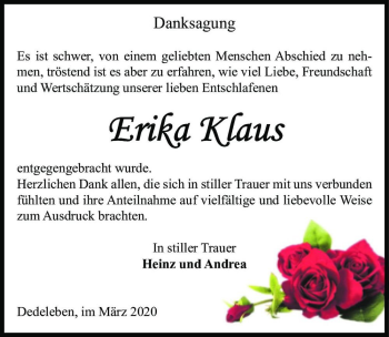 Traueranzeige von Erika Klaus  von Magdeburger Volksstimme