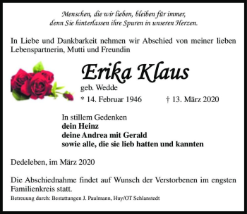 Traueranzeige von Erika Klaus (geb. Wedde)  von Magdeburger Volksstimme