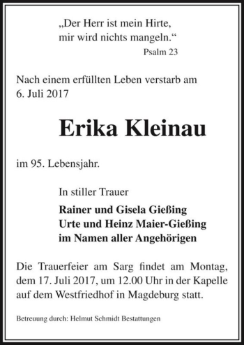 Traueranzeige von Erika Kleinau  von Magdeburger Volksstimme