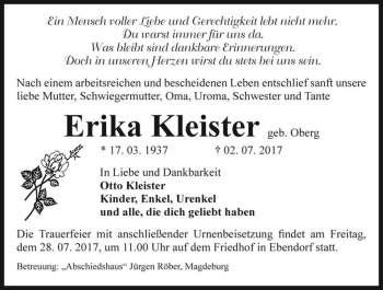 Traueranzeige von Erika Kleister (geb. Oberg)  von Magdeburger Volksstimme