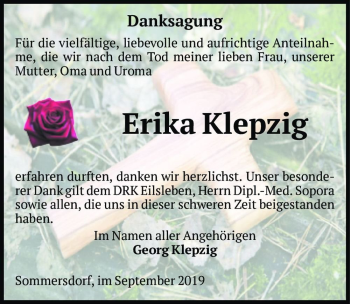 Traueranzeige von Erika Klepzig  von Magdeburger Volksstimme