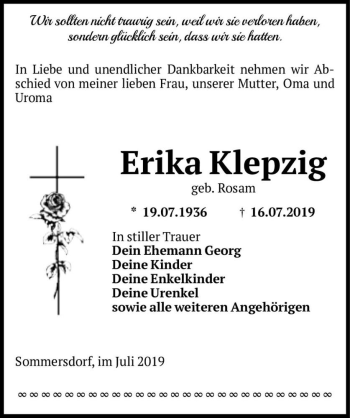 Traueranzeige von Erika Klepzig (geb. Rosam)  von Magdeburger Volksstimme