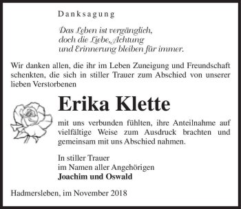 Traueranzeige von Erika Klette  von Magdeburger Volksstimme
