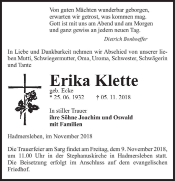 Traueranzeige von Erika Klette (geb. Ecke)  von Magdeburger Volksstimme