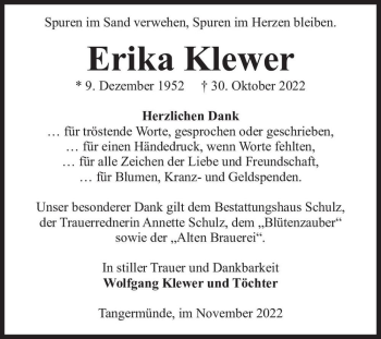 Traueranzeige von Erika Klewer  von Magdeburger Volksstimme