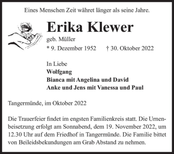 Traueranzeige von Erika Klewer (geb. Müller)  von Magdeburger Volksstimme