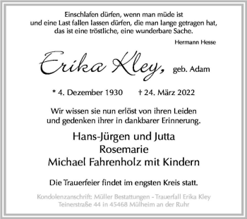 Traueranzeige von Erika Kley (geb. Adam)  von Magdeburger Volksstimme