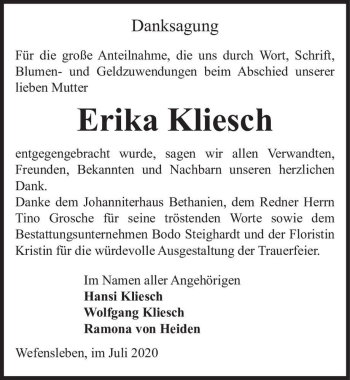 Traueranzeige von Erika Kliesch  von Magdeburger Volksstimme