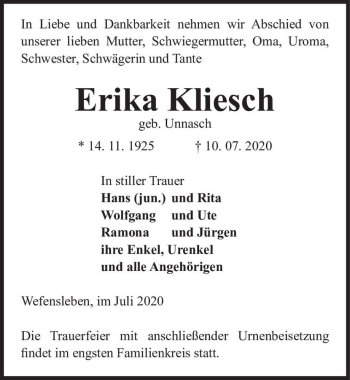 Traueranzeige von Erika Kliesch (geb. Unnasch)  von Magdeburger Volksstimme