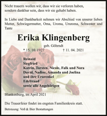 Traueranzeige von Erika Klingenberg (geb. Göhrndt)  von Magdeburger Volksstimme
