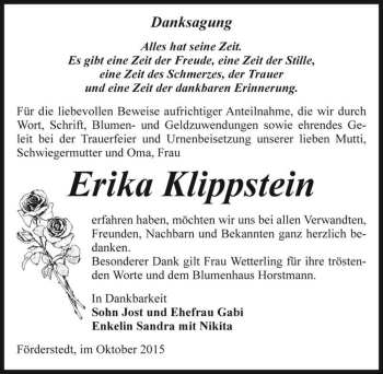 Traueranzeige von Erika Klippstein  von Magdeburger Volksstimme