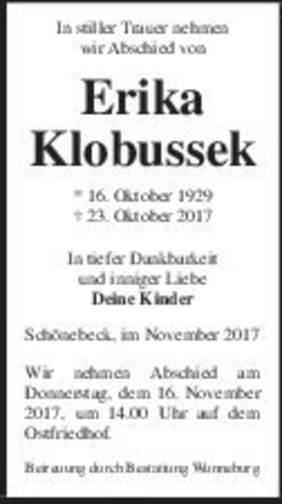  Traueranzeige für Erika Klobussek  vom 04.11.2017 aus Magdeburger Volksstimme