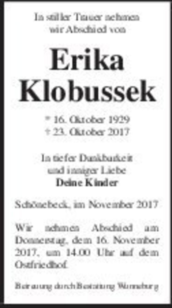 Traueranzeige von Erika Klobussek  von Magdeburger Volksstimme