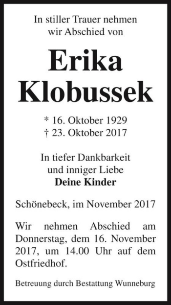 Traueranzeige von Erika Klobussek  von Magdeburger Volksstimme