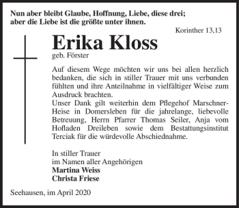 Traueranzeige von Erika Kloss (geb. Förster)  von Magdeburger Volksstimme