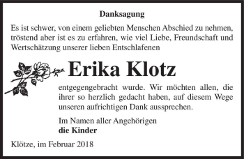 Traueranzeige von Erika Klotz  von Magdeburger Volksstimme