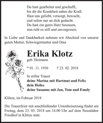 Traueranzeige von Erika Klotz (geb. Heimann)  von Magdeburger Volksstimme