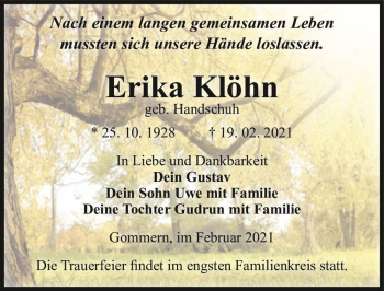 Traueranzeige von Erika Klöhn (geb. Handschuh)  von Magdeburger Volksstimme