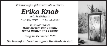 Traueranzeige von Erika Knab (geb. Schönhardt)  von Magdeburger Volksstimme