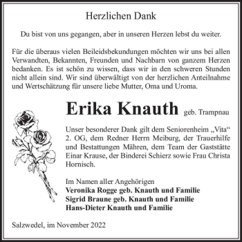 Traueranzeige von Erika Knauth (geb. Trampnau)  von Magdeburger Volksstimme