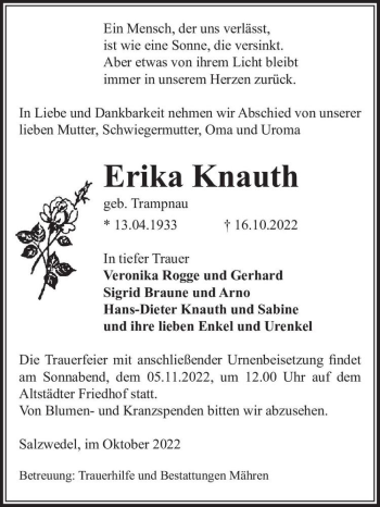 Traueranzeige von Erika Knauth (geb. Trampnau)  von Magdeburger Volksstimme
