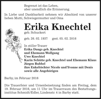 Traueranzeige von Erika Knechtel (geb. Schuckert)  von Magdeburger Volksstimme