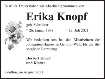 Traueranzeige von Erika Knopf (geb. Schrödter)  von Magdeburger Volksstimme