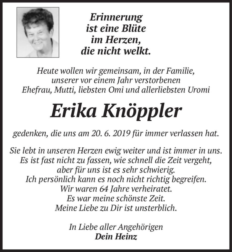  Traueranzeige für Erika Knöppler  vom 20.06.2020 aus Magdeburger Volksstimme