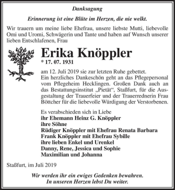 Traueranzeige von Erika Knöppler  von Magdeburger Volksstimme