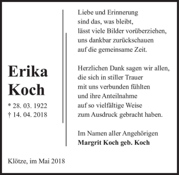 Traueranzeige von Erika Koch  von Magdeburger Volksstimme