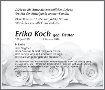 Traueranzeige von Erika Koch (geb. Deuter)  von Magdeburger Volksstimme