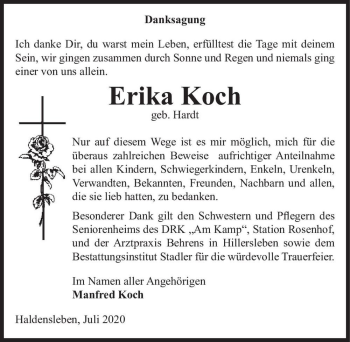 Traueranzeige von Erika Koch (geb. Hardt)  von Magdeburger Volksstimme