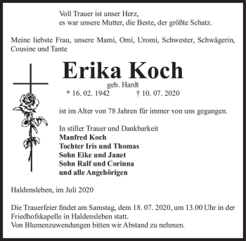 Traueranzeige von Erika Koch (geb. Hardt)  von Magdeburger Volksstimme