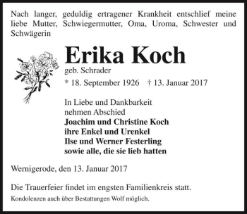 Traueranzeige von Erika Koch (geb. Schrader)  von Magdeburger Volksstimme