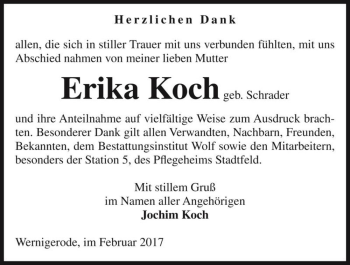Traueranzeige von Erika Koch (geb. Schrader)  von Magdeburger Volksstimme