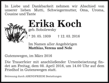Traueranzeige von Erika Koch (geb. Sobolewsky)  von Magdeburger Volksstimme