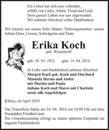 Traueranzeige von Erika Koch (geb. Woischwill)  von Magdeburger Volksstimme