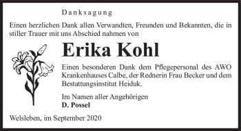 Traueranzeige von Erika Kohl  von Magdeburger Volksstimme
