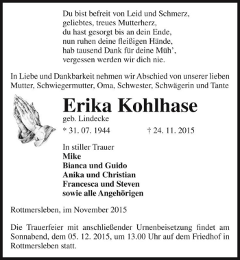 Traueranzeige von Erika Kohlhase (geb. Lindecke)  von Magdeburger Volksstimme