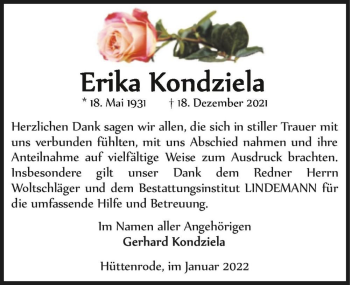 Traueranzeige von Erika Kondziela  von Magdeburger Volksstimme